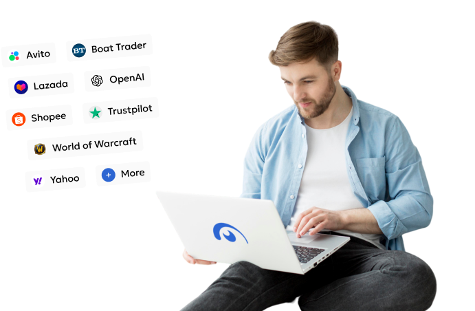 Man with laptop on his knee, and list of different services on left side