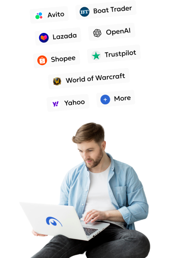 Man with laptop on his knee, and list of different services on left side