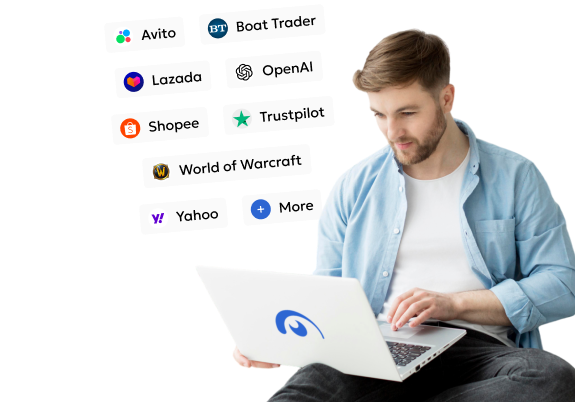 Man with laptop on his knee, and list of different services on left side